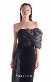 Black off-shoulder gown MNM Couture Style G2111 with fluid organza draping, an embroidered lace bust, and column skirt