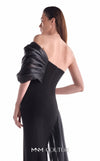 Black off-shoulder gown MNM Couture Style G2111 with fluid organza draping, an embroidered lace bust, and column skirt