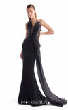 Sculpted black crepe mermaid gown MNM Couture Style G2113 with symmetrical organza draping and 3D black and gold lace inserts