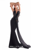 Sculpted black crepe mermaid gown MNM Couture Style G2113 with symmetrical organza draping and 3D black and gold lace inserts
