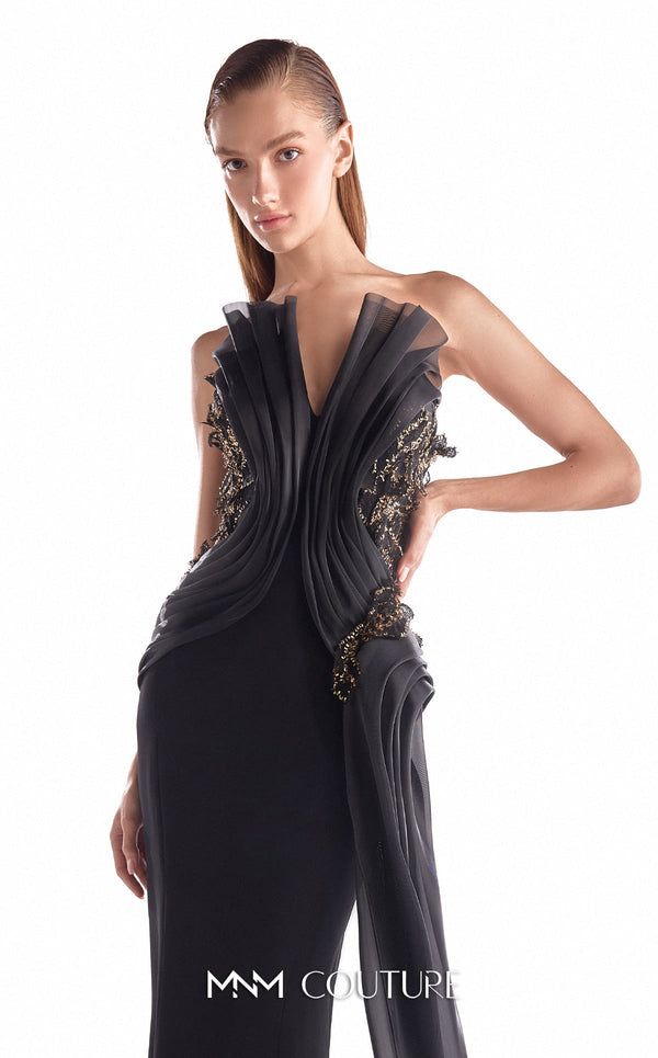 Sculpted black crepe mermaid gown MNM Couture Style G2113 with symmetrical organza draping and 3D black and gold lace inserts