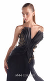 Sculpted black crepe mermaid gown MNM Couture Style G2113 with symmetrical organza draping and 3D black and gold lace inserts