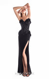 Black strapless mermaid gown MNM Couture Style G2115 with a sculpted sequin heart-shaped corset and handcrafted 3D floral appliqués