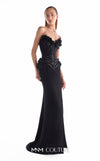 Black strapless mermaid gown MNM Couture Style G2115 with a sculpted sequin heart-shaped corset and handcrafted 3D floral appliqués