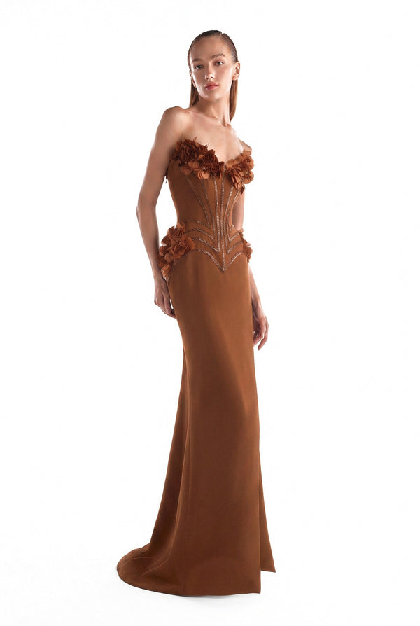 Black strapless mermaid gown MNM Couture Style G2115 with a sculpted sequin heart-shaped corset and handcrafted 3D floral appliqués