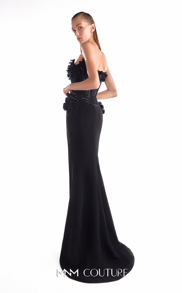 Black strapless mermaid gown MNM Couture Style G2115 with a sculpted sequin heart-shaped corset and handcrafted 3D floral appliqués