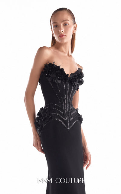 Black strapless mermaid gown MNM Couture Style G2115 with a sculpted sequin heart-shaped corset and handcrafted 3D floral appliqués