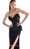 Black strapless mermaid gown MNM Couture Style G2115 with a sculpted sequin heart-shaped corset and handcrafted 3D floral appliqués