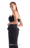 Black strapless mermaid gown MNM Couture Style G2115 with a sculpted sequin heart-shaped corset and handcrafted 3D floral appliqués