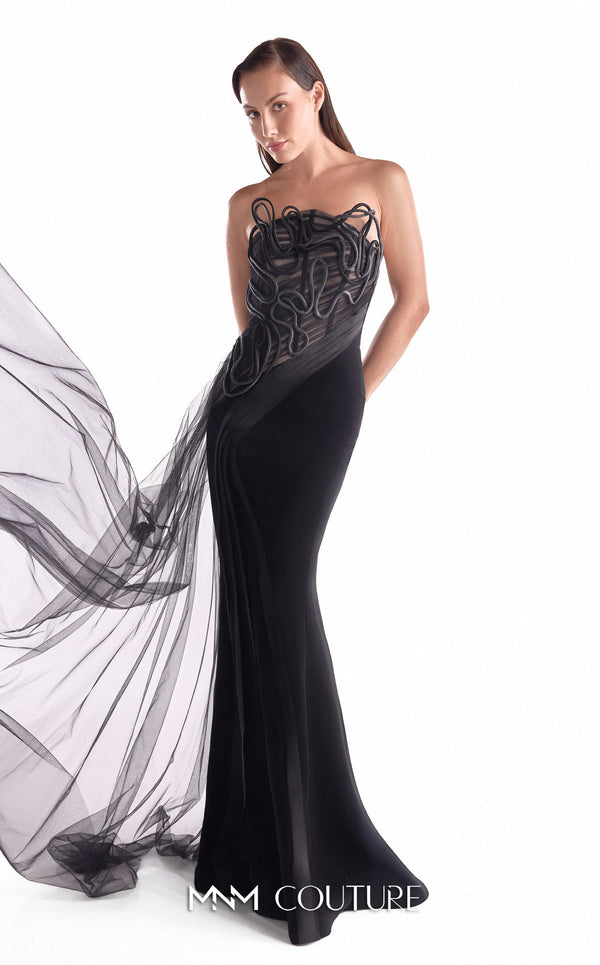Strapless black evening gown MNM Couture Style G2116 with a draped tulle illusion bodice, corded embroidery, and organza hip panels