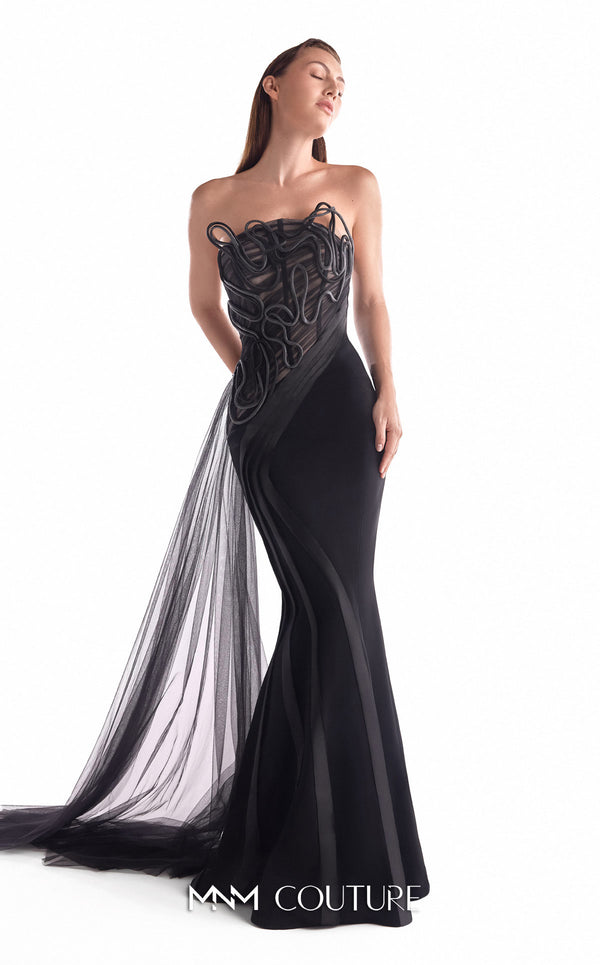 Strapless black evening gown MNM Couture Style G2116 with a draped tulle illusion bodice, corded embroidery, and organza hip panels