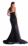 Strapless black evening gown MNM Couture Style G2116 with a draped tulle illusion bodice, corded embroidery, and organza hip panels