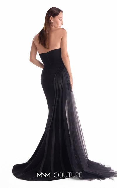 Strapless black evening gown MNM Couture Style G2116 with a draped tulle illusion bodice, corded embroidery, and organza hip panels
