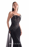 Strapless black evening gown MNM Couture Style G2116 with a draped tulle illusion bodice, corded embroidery, and organza hip panels