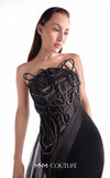 Strapless black evening gown MNM Couture Style G2116 with a draped tulle illusion bodice, corded embroidery, and organza hip panels