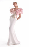 Off-white crepe mermaid gown MNM Couture Style G2120 with blooming blush organza shoulders and metallic gold and silver bodice details
