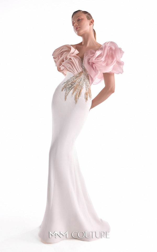 Off-white crepe mermaid gown MNM Couture Style G2120 with blooming blush organza shoulders and metallic gold and silver bodice details