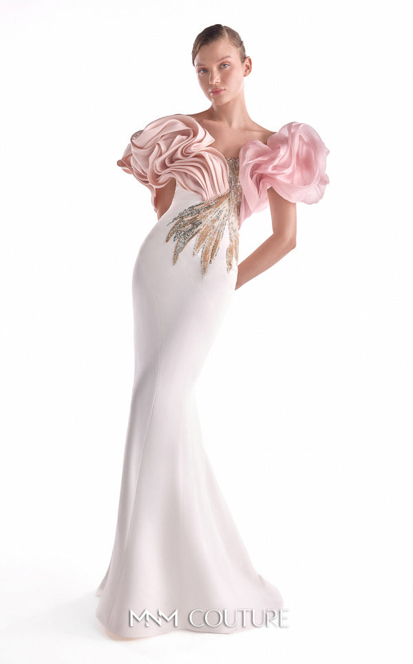 Off-white crepe mermaid gown MNM Couture Style G2120 with blooming blush organza shoulders and metallic gold and silver bodice details