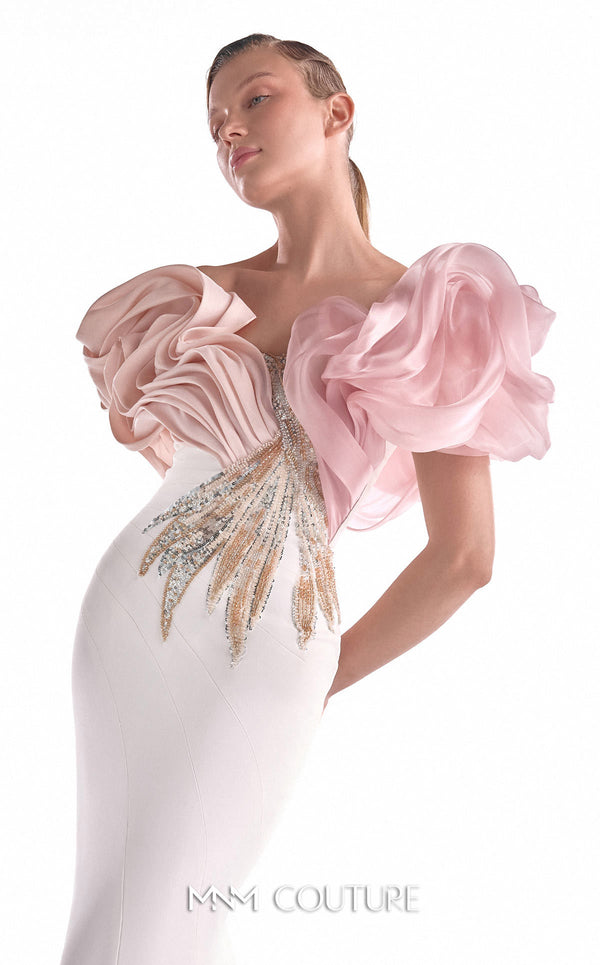 Off-white crepe mermaid gown MNM Couture Style G2120 with blooming blush organza shoulders and metallic gold and silver bodice details