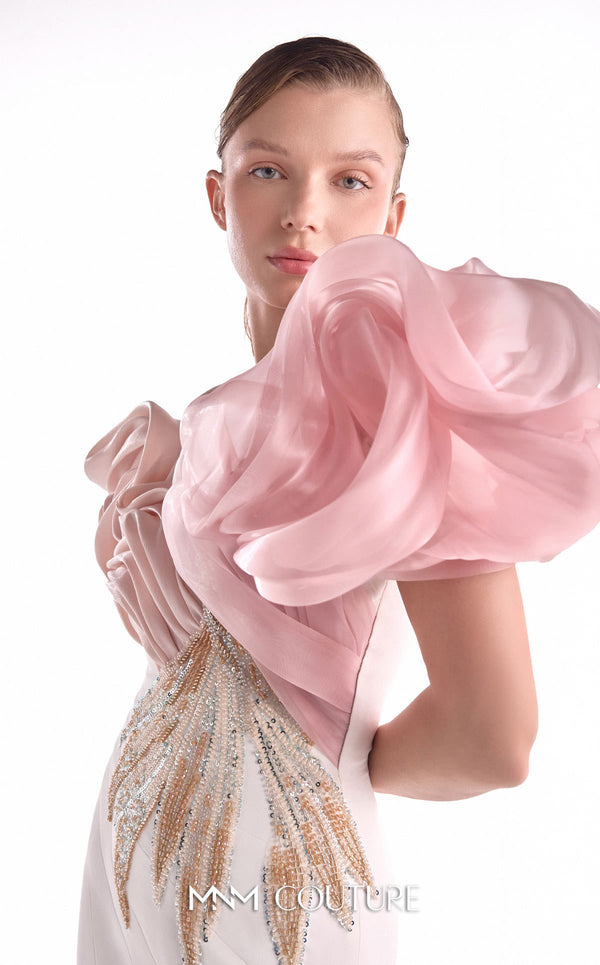 Off-white crepe mermaid gown MNM Couture Style G2120 with blooming blush organza shoulders and metallic gold and silver bodice details