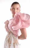 Off-white crepe mermaid gown MNM Couture Style G2120 with blooming blush organza shoulders and metallic gold and silver bodice details