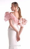 Off-white crepe mermaid gown MNM Couture Style G2120 with blooming blush organza shoulders and metallic gold and silver bodice details