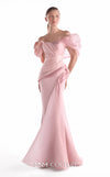 Soft pink crepe mermaid gown MNM Couture Style G2125 with asymmetrical technical and liquid organza shoulders