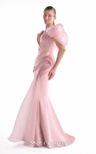 Soft pink crepe mermaid gown MNM Couture Style G2125 with asymmetrical technical and liquid organza shoulders
