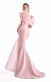 Soft pink crepe mermaid gown MNM Couture Style G2125 with asymmetrical technical and liquid organza shoulders