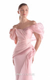 Soft pink crepe mermaid gown MNM Couture Style G2125 with asymmetrical technical and liquid organza shoulders