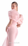 Soft pink crepe mermaid gown MNM Couture Style G2125 with asymmetrical technical and liquid organza shoulders