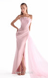 Salmon pink crepe gown MNM Couture Style G2126 with a draped tulle bodice, frilled neckline, and 3D peplum hip detailing