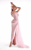 Salmon pink crepe gown MNM Couture Style G2126 with a draped tulle bodice, frilled neckline, and 3D peplum hip detailing