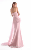 Salmon pink crepe gown MNM Couture Style G2126 with a draped tulle bodice, frilled neckline, and 3D peplum hip detailing