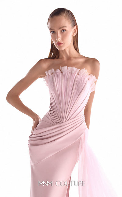 Salmon pink crepe gown MNM Couture Style G2126 with a draped tulle bodice, frilled neckline, and 3D peplum hip detailing