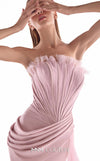 Salmon pink crepe gown MNM Couture Style G2126 with a draped tulle bodice, frilled neckline, and 3D peplum hip detailing