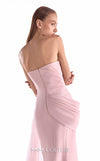 Salmon pink crepe gown MNM Couture Style G2126 with a draped tulle bodice, frilled neckline, and 3D peplum hip detailing