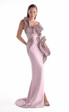 Dusty pink crepe one-shoulder evening gown MNM Couture Style G2128 with cascading three-dimensional embellished appliqués