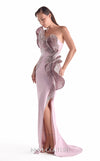 Dusty pink crepe one-shoulder evening gown MNM Couture Style G2128 with cascading three-dimensional embellished appliqués