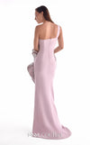 Dusty pink crepe one-shoulder evening gown MNM Couture Style G2128 with cascading three-dimensional embellished appliqués
