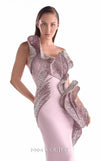 Dusty pink crepe one-shoulder evening gown MNM Couture Style G2128 with cascading three-dimensional embellished appliqués