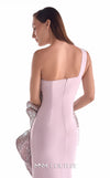 Dusty pink crepe one-shoulder evening gown MNM Couture Style G2128 with cascading three-dimensional embellished appliqués