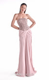 Powder pink evening gown MNM Couture Style G2129 with a gathered sequined lace bust and draped ribbed crepe skirt with a high slit