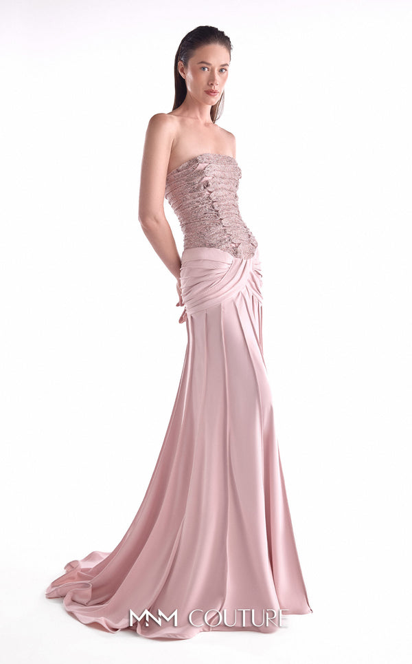 Powder pink evening gown MNM Couture Style G2129 with a gathered sequined lace bust and draped ribbed crepe skirt with a high slit