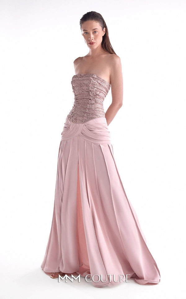Powder pink evening gown MNM Couture Style G2129 with a gathered sequined lace bust and draped ribbed crepe skirt with a high slit