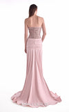 Powder pink evening gown MNM Couture Style G2129 with a gathered sequined lace bust and draped ribbed crepe skirt with a high slit