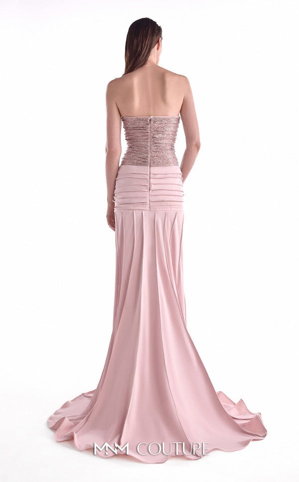 Powder pink evening gown MNM Couture Style G2129 with a gathered sequined lace bust and draped ribbed crepe skirt with a high slit