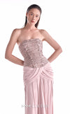Powder pink evening gown MNM Couture Style G2129 with a gathered sequined lace bust and draped ribbed crepe skirt with a high slit