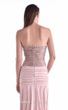 Powder pink evening gown MNM Couture Style G2129 with a gathered sequined lace bust and draped ribbed crepe skirt with a high slit