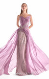 Old rose floral lace evening gown MNM Couture Style G2131 with an angular bust, pleated bodice, and a fluid sweeping organza train